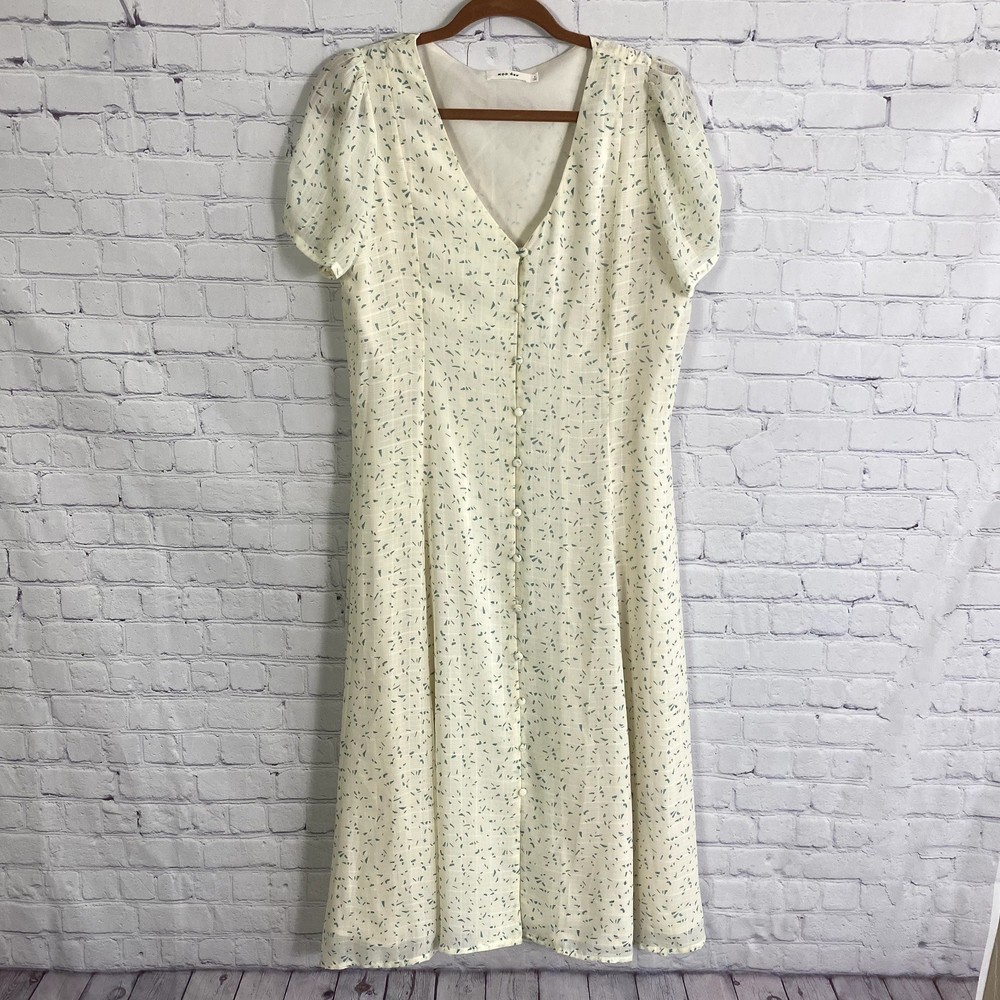 Mod Ref Maxi Button Up Dress Pattern Cream Blue S… - image 1